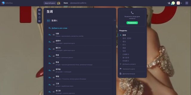 Лексика и разделы урока на платформе Edvibe